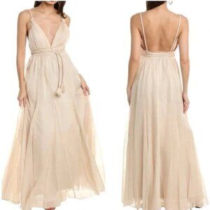 Never worn/with tags Alice + Olivia Carisa V-neck gown in champagne, size 2